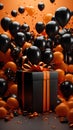 Stunning Visuals Black Gift Box with Black Orange Balloon with Sparks in Black Friday Event Soft Orange Light Background Royalty Free Stock Photo