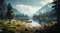 Stunning Vray Traced Landscape: River, Mountains, And Forest