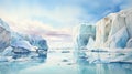 Glacier Of Australia Realistic Watercolor Painting Of Icebergs