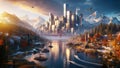 Autumn in the Future: A Futuristic City in the Mountains AI generated Illustration, realistic