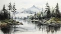 Misty Watercolor Illustration Of Mountains And Lake