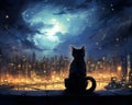 This stunning watercolor artwork captures the Moonlit TaleCozy Cat watching over the city.