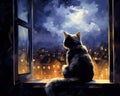 This stunning watercolor artwork captures the Moonlit TaleCozy Cat watching over the city.