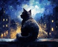 This stunning watercolor artwork captures the Moonlit TaleCozy Cat watching over the city.