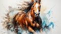 A stunning watercolor depiction of a horse captured in dynamic splashes of color