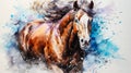 A stunning watercolor depiction of a horse captured in dynamic splashes of color