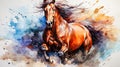 A stunning watercolor depiction of a horse captured in dynamic splashes of color