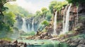 Waterfall Of India: Manga-inspired Watercolor Illustration