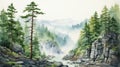 Misty Watercolor Illustration Of Chinese Forest: Vancouver School Inspired