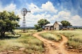 Hyperrealistic Watercolor Windmill In Australian Landscape