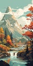 Vintage Poster Design: Detailed Artwork Of Autumn Mountains And Trees