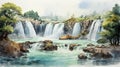 Waterfall Watercolor Illustration In The Style Of Western Zhou Dynasty