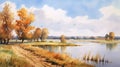 Photo-realistic Watercolor Painting Of Autumn Countryside And Coastal Landscapes