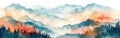 Soft Pastel Mountain Peak: Watercolor Abstract Brush Painting of Minimalist Landscape with Peach Fuzz Lines - Panorama Banner
