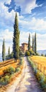 Realistic Watercolor Painting Of Tuscan Countryside And Country House