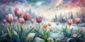 Beautiful Spring Tulips Painted in Watercolor, Watercolor Tulips, Spring Flowers Background Royalty Free Stock Photo