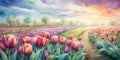 Beautiful Spring Tulips Painted in Watercolor, Watercolor Tulips, Spring Flowers Background