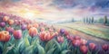 Beautiful Spring Tulips Painted in Watercolor, Watercolor Tulips, Spring Flowers Background