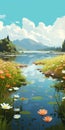 Whistlerian Digital Painting: Serene Landscape With Flowers, Grass, And River Royalty Free Stock Photo