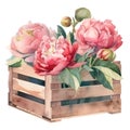 Freshly Picked Peonies in a Handcrafted Wooden Pot AI Generated