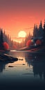 Hyper-detailed Illustration Of A House With Sunset Over A Lake Royalty Free Stock Photo