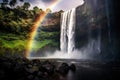 A stunning waterfall with a vibrant rainbow dividing its cascading waters, Waterfall in Kauai With Rainbow and Bird Overhead, AI