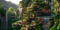 Stunning Waterfall Village Lush Green EcoCity Royalty Free Stock Photo