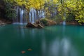 Two autumn leaves in an emerald lake with stunning waterfalls in deep green forest in Kursunlu Natural Park, Antalya, Turkey Royalty Free Stock Photo