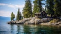 Stunning Waterfront Cabin On Rock: Nikon D850 32k Uhd Royalty Free Stock Photo