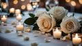 A stunning white rose banquet, soft candlelight dances off the glistening petals