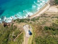 Stunning wide angle aerial drone view of Cape Reinga Lighthouse at Cape Reinga Royalty Free Stock Photo