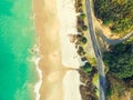 Stunning wide angle aerial drone view of Otama Beach and Black Jack Road near Matarangi on the Coromandel Peninsula in New Zealand Royalty Free Stock Photo