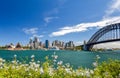 Stunning wide angle city skyline view of the Sydney CBD harbour area at Circular Quay with the opera and the harbour bridge