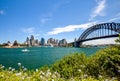 Stunning wide angle city skyline view of the Sydney CBD harbour area at Circular Quay with the opera and the harbour bridge Royalty Free Stock Photo