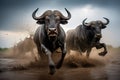 Stunning wild african buffalos running on river and splashing water. Amazing wild life. Generative Ai Royalty Free Stock Photo