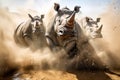 Stunning wild rhinos running towards camera splashing mud and dust. Amazing wild life. Generative Ai Royalty Free Stock Photo