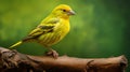 Vivid Canary On Wood Branch: A Photographic Exploration Of Complexity Theory