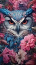 Stunning Wildlife: Owl's Detailed Close-Up Against a Floral Backdrop