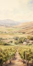 Watercolor Painting Of Countryside And Grapes: Precisionist Style