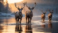Stunning Winter Landscape Deer Silhouette Reflects In Tranquil Water Generated By AI