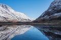 Stunning Winter landscape image of Loch Achtriochan in Scottish Highlands with stunning reflections in still water with crytal