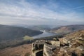 Stunning Winter landscape image of the Peak District in England viewed from Bamford Edge with Ladybower Reservoir under a