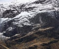 Stunning Winter landscape image of snowcapped Three Sisters mountain range in Glencoe Scottish Highands with dramatic sky Royalty Free Stock Photo