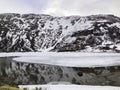 Stunning winter landscape snowy mountains and mountain lake. Nordic winter, Scandinavian scenery Royalty Free Stock Photo