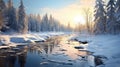 Stunning Winter Landscape: Sun Rising Over Quebec River Royalty Free Stock Photo