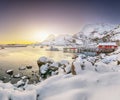 Stunning winter scenery of Moskenes village with ferryport