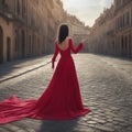 Stunning woman a beautiful red dress in an empty old town square, view from the back, generative AI illustration