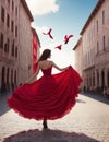 Stunning woman a beautiful red dress in an empty old town square, view from the back, generative AI illustration