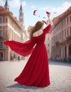 Stunning woman a beautiful red dress in an empty old town square, view from the back, generative AI illustration