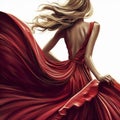 Stunning woman a beautiful red dress, fashion model waving flying fabric, lady in a glamorous outfit, generative AI